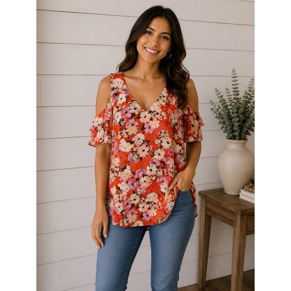Cabi Womens Orange Floral Cold Shoulder Ruffle V-Neck Chiffon Blouse 5352 Small